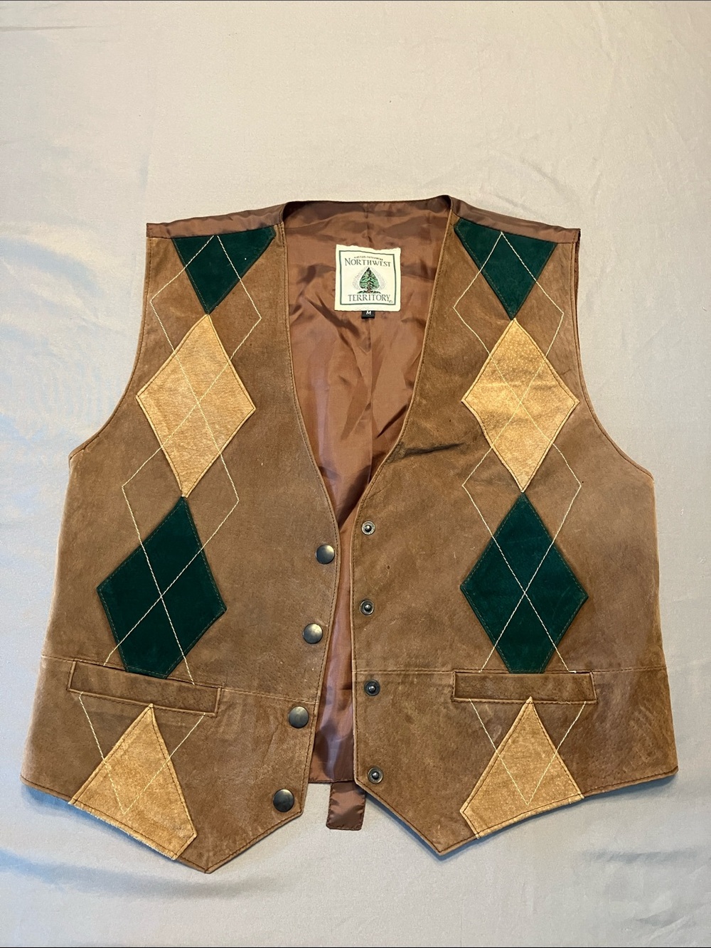 Northwest Territory Brown Suede Vest with Green & Tan Argyle
